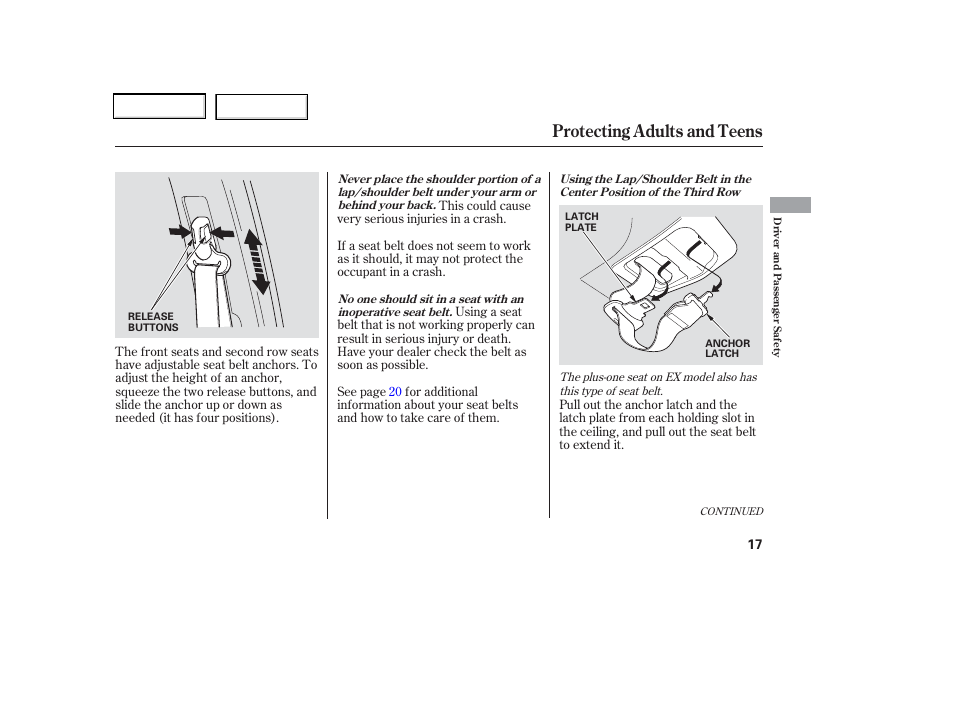 Protecting adults and teens | HONDA 2006 Odyssey - Owner's Manual User Manual | Page 18 / 420