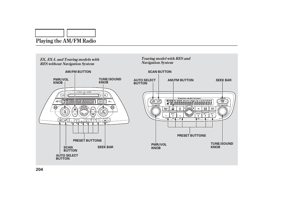 Playing the am/fm radio | HONDA 2006 Odyssey - Owner's Manual User Manual | Page 205 / 420