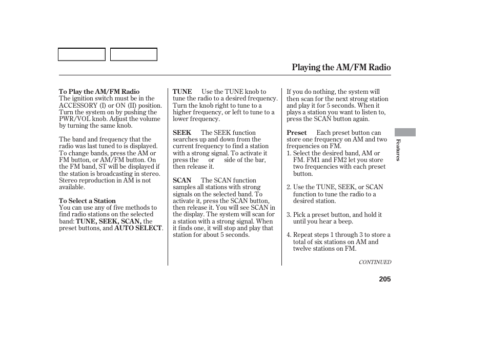 Playing the am/fm radio | HONDA 2006 Odyssey - Owner's Manual User Manual | Page 206 / 420