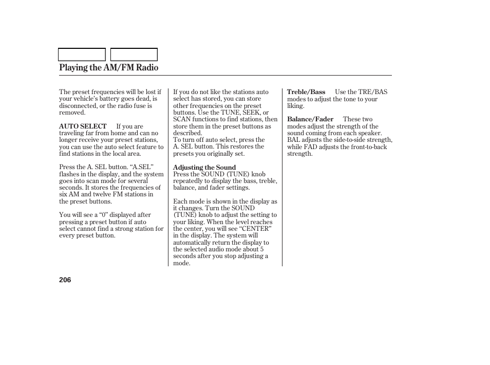 Playing the am/fm radio | HONDA 2006 Odyssey - Owner's Manual User Manual | Page 207 / 420