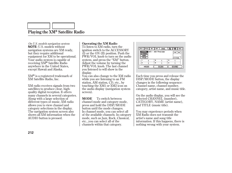 Playing the xm satellite radio | HONDA 2006 Odyssey - Owner's Manual User Manual | Page 213 / 420