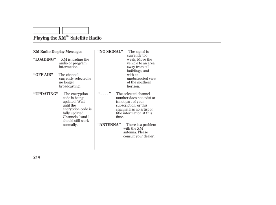 Playing the xm satellite radio | HONDA 2006 Odyssey - Owner's Manual User Manual | Page 215 / 420