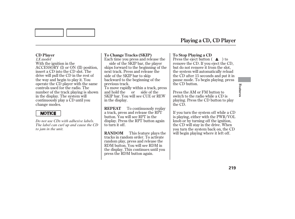 Playing a cd, cd player | HONDA 2006 Odyssey - Owner's Manual User Manual | Page 220 / 420