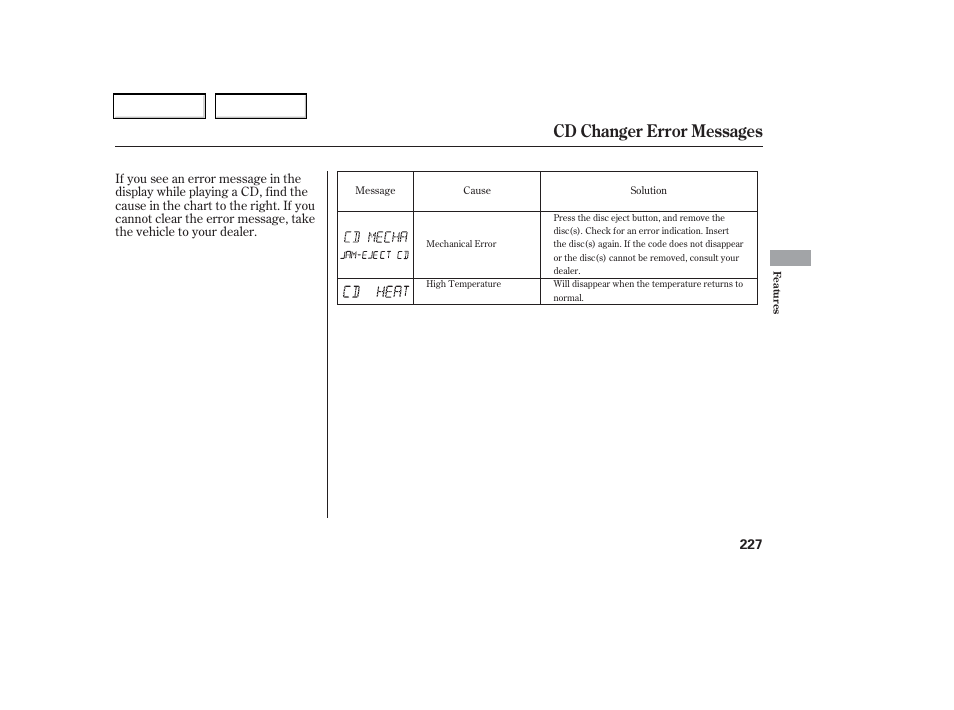 Cd changer error messages | HONDA 2006 Odyssey - Owner's Manual User Manual | Page 228 / 420