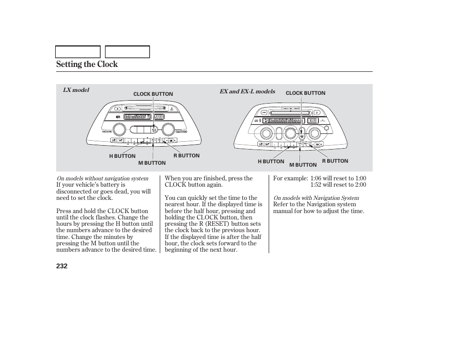 Setting the clock | HONDA 2006 Odyssey - Owner's Manual User Manual | Page 233 / 420