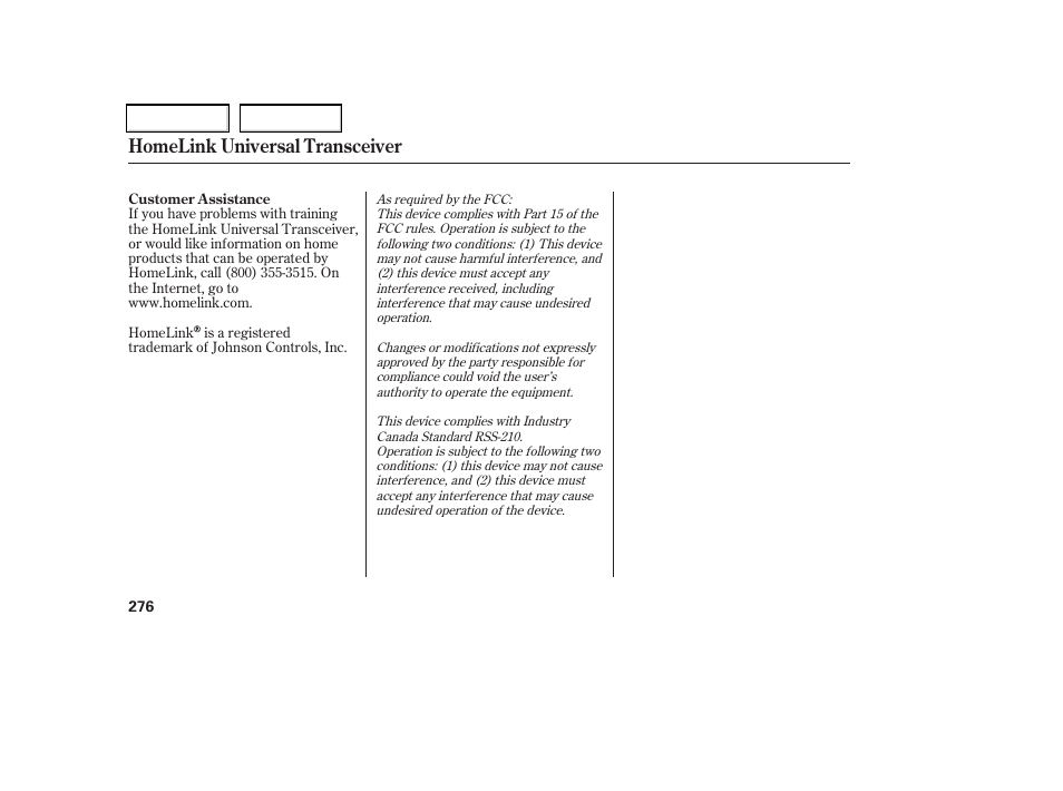 Homelink universal transceiver | HONDA 2006 Odyssey - Owner's Manual User Manual | Page 277 / 420