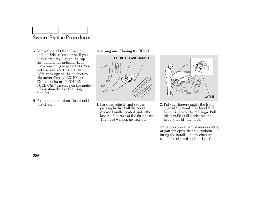 Service station procedures | HONDA 2006 Odyssey - Owner's Manual User Manual | Page 287 / 420