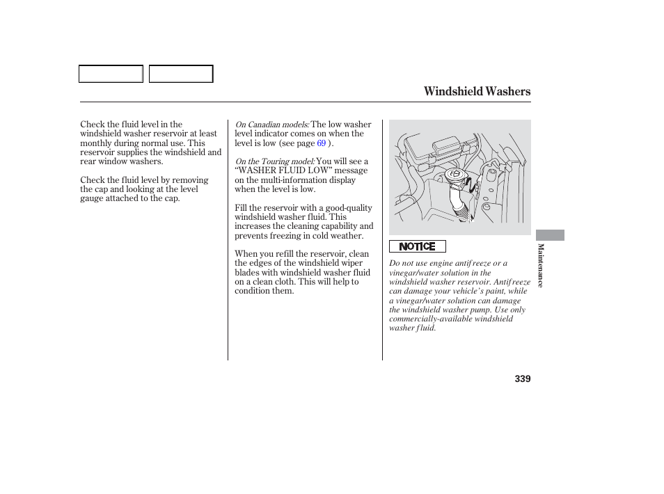 Windshield washers | HONDA 2006 Odyssey - Owner's Manual User Manual | Page 340 / 420