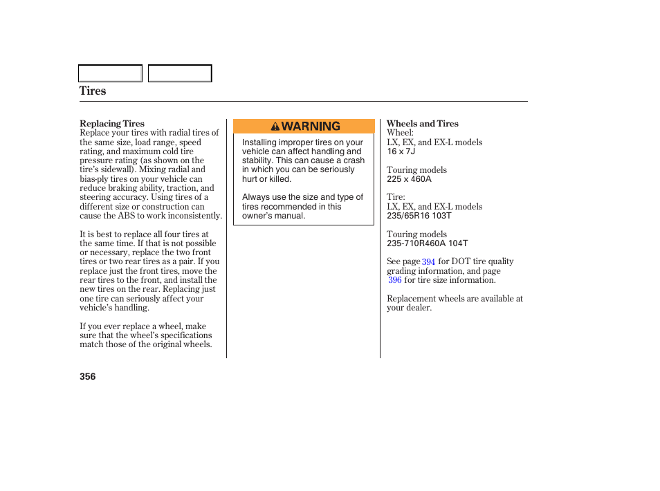 Tires | HONDA 2006 Odyssey - Owner's Manual User Manual | Page 357 / 420