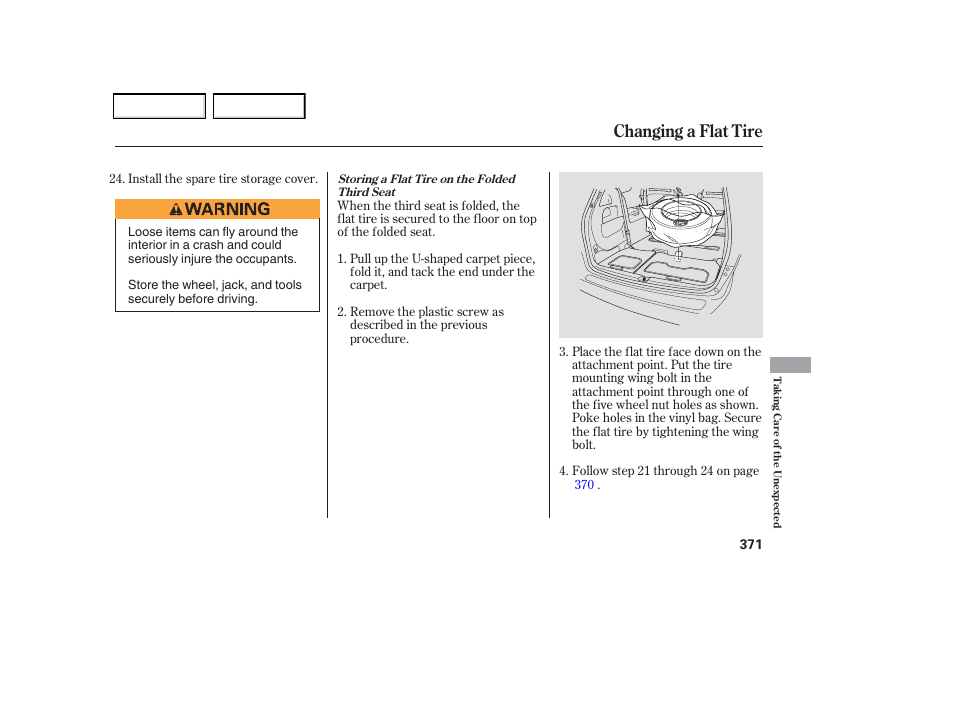 Changing a flat tire | HONDA 2006 Odyssey - Owner's Manual User Manual | Page 372 / 420