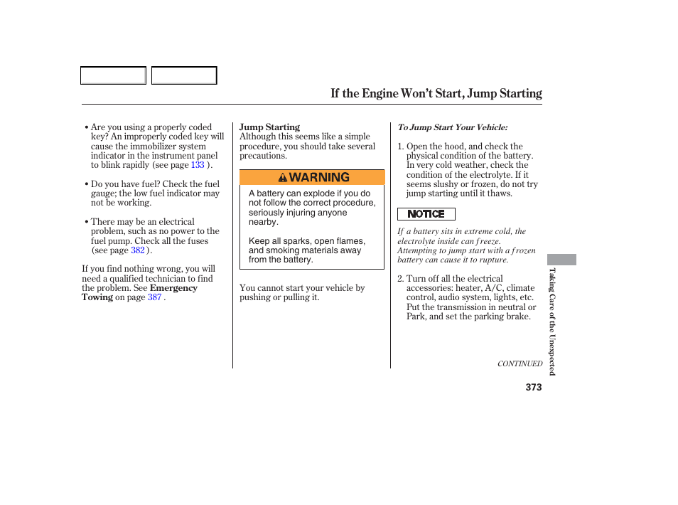 If the engine won’t start, jump starting | HONDA 2006 Odyssey - Owner's Manual User Manual | Page 374 / 420