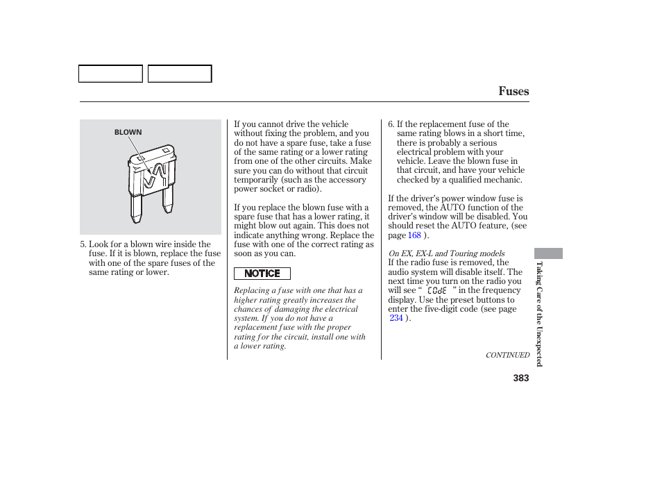 Fuses | HONDA 2006 Odyssey - Owner's Manual User Manual | Page 384 / 420