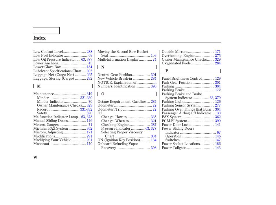 Index | HONDA 2006 Odyssey - Owner's Manual User Manual | Page 415 / 420