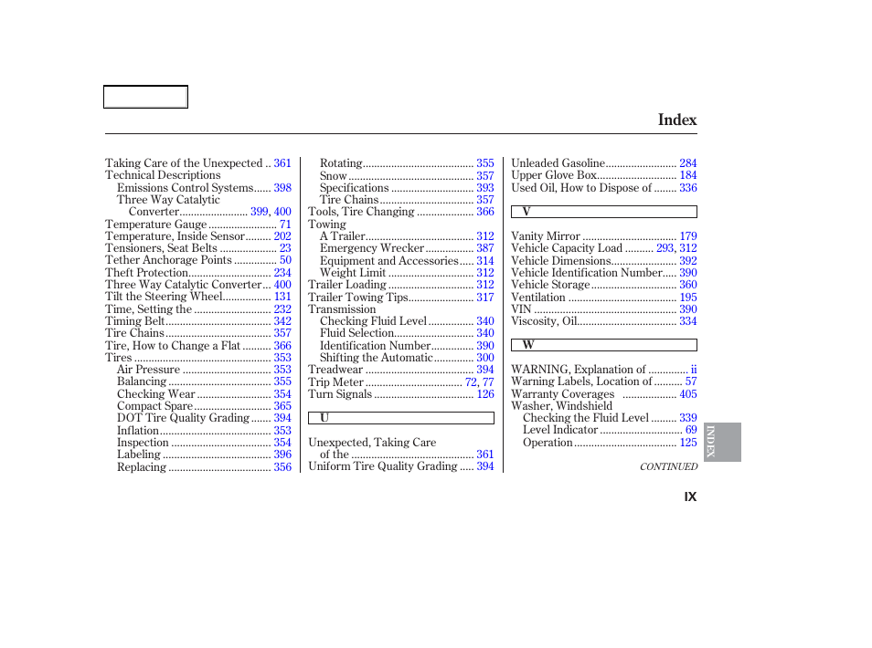 Index | HONDA 2006 Odyssey - Owner's Manual User Manual | Page 418 / 420