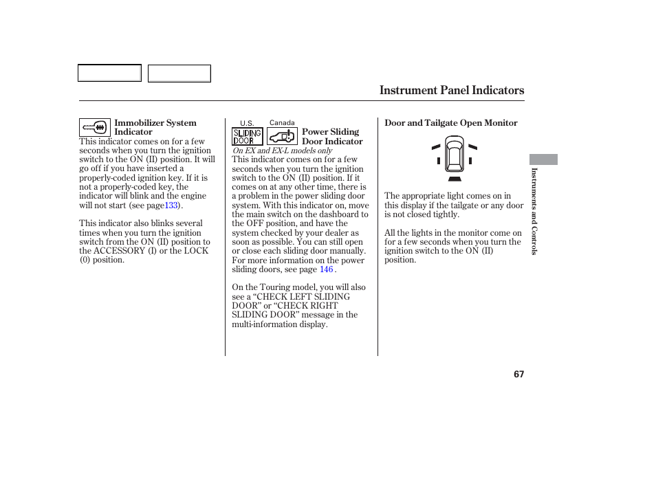 Instrument panel indicators | HONDA 2006 Odyssey - Owner's Manual User Manual | Page 68 / 420