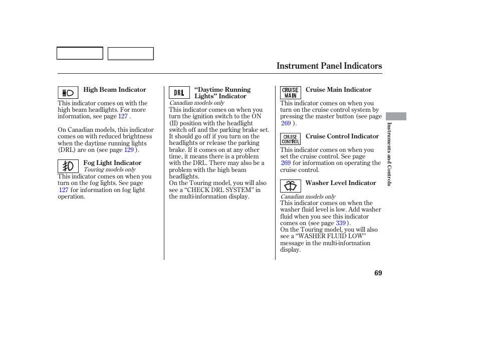 Instrument panel indicators | HONDA 2006 Odyssey - Owner's Manual User Manual | Page 70 / 420