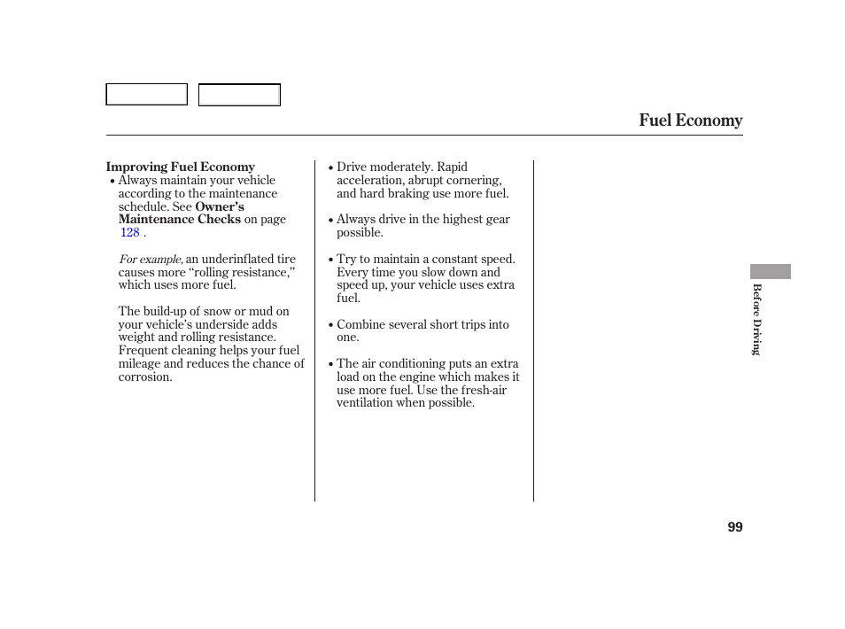 Fuel economy | HONDA 2006 Insight  - Owner's Manual User Manual | Page 100 / 218