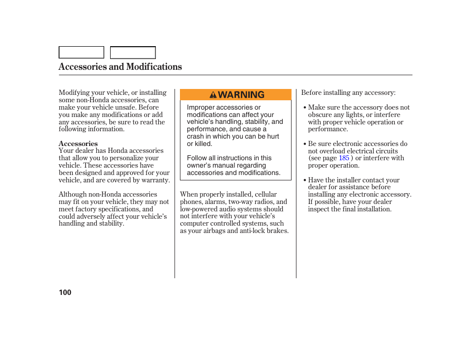 Accessories and modifications | HONDA 2006 Insight  - Owner's Manual User Manual | Page 101 / 218