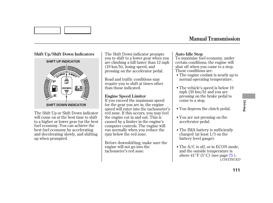 Manual transmission | HONDA 2006 Insight  - Owner's Manual User Manual | Page 112 / 218