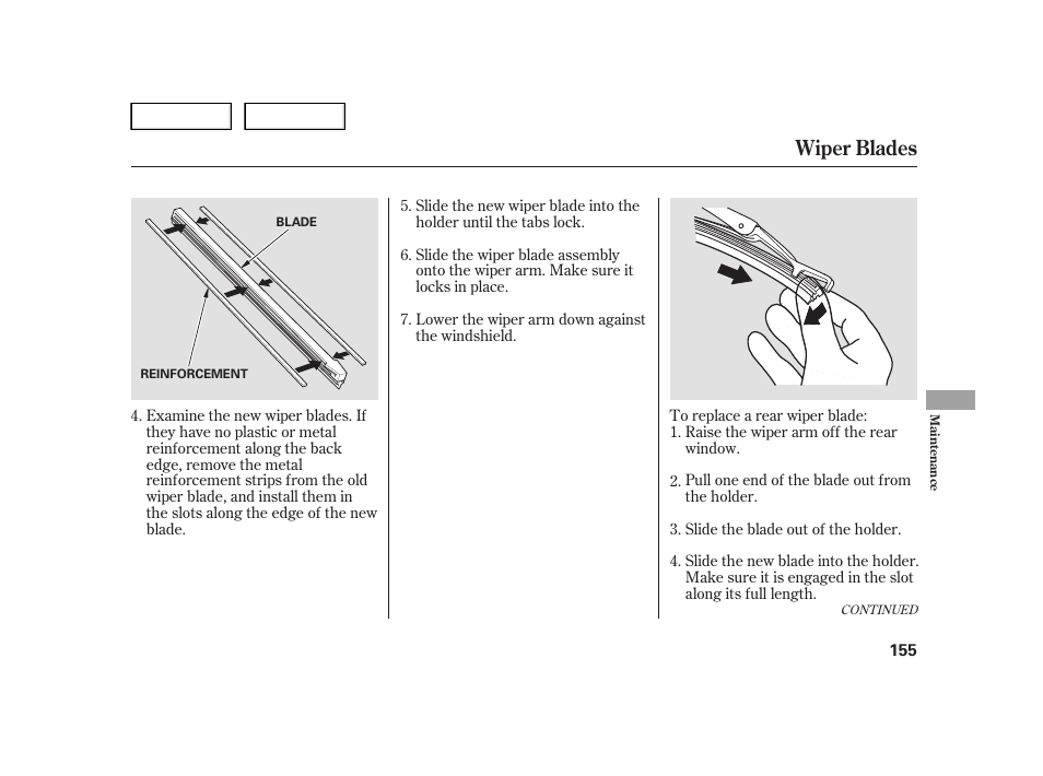 Wiper blades | HONDA 2006 Insight  - Owner's Manual User Manual | Page 156 / 218