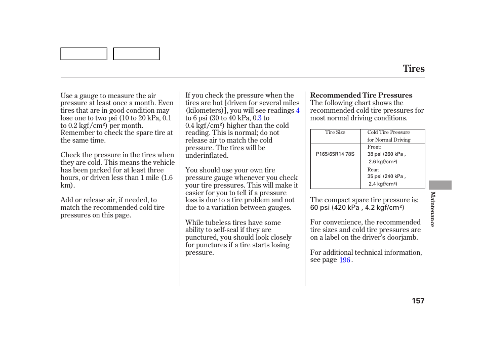 Tires | HONDA 2006 Insight  - Owner's Manual User Manual | Page 158 / 218
