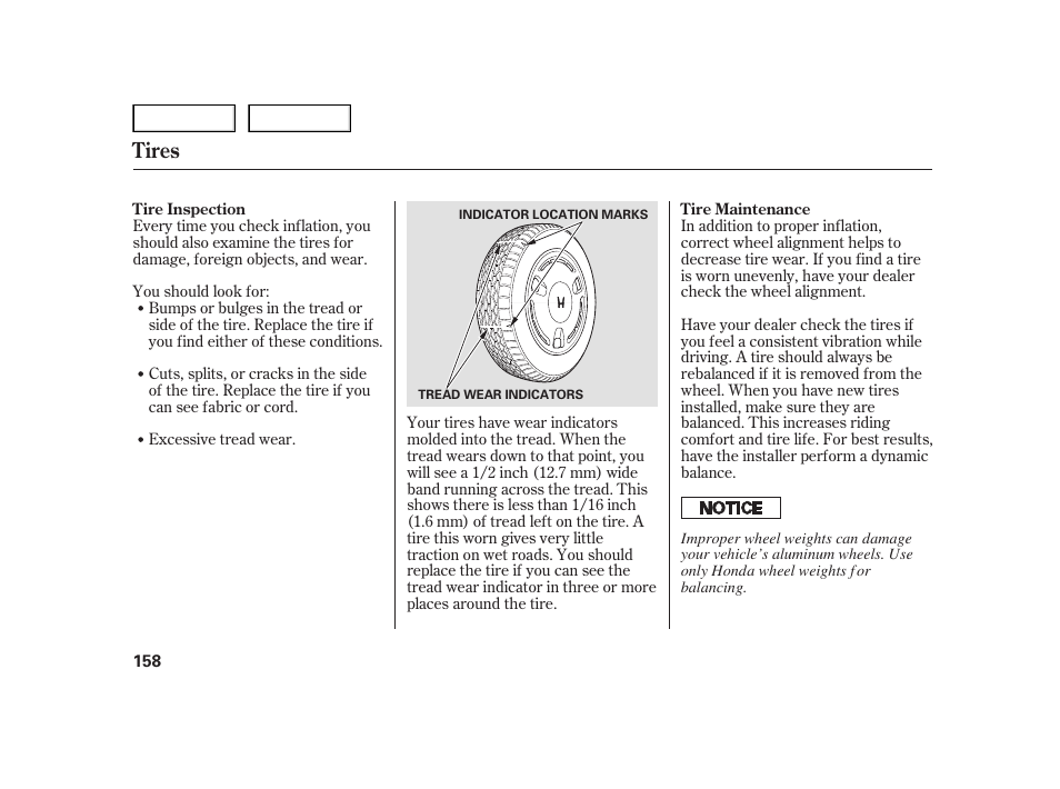 Tires | HONDA 2006 Insight  - Owner's Manual User Manual | Page 159 / 218