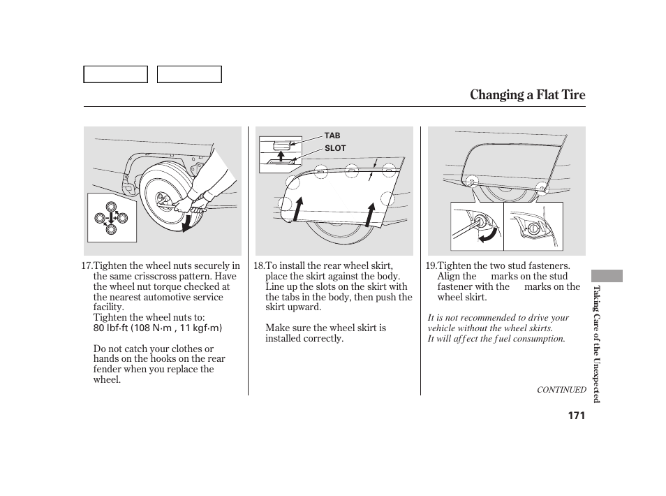 Changing a flat tire | HONDA 2006 Insight  - Owner's Manual User Manual | Page 172 / 218