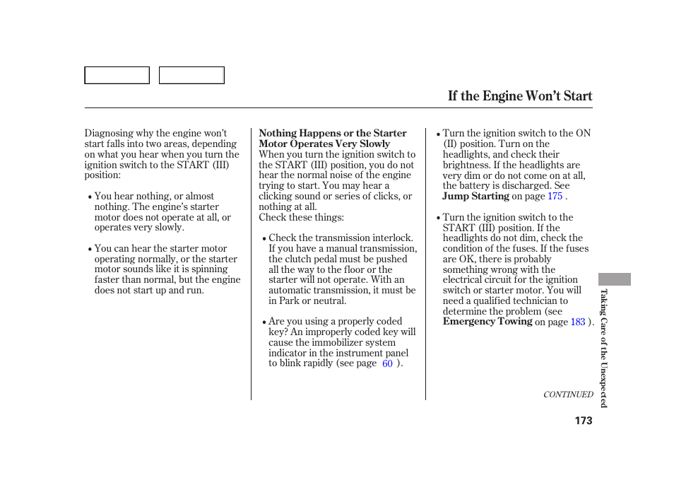 If the engine won’t start | HONDA 2006 Insight  - Owner's Manual User Manual | Page 174 / 218