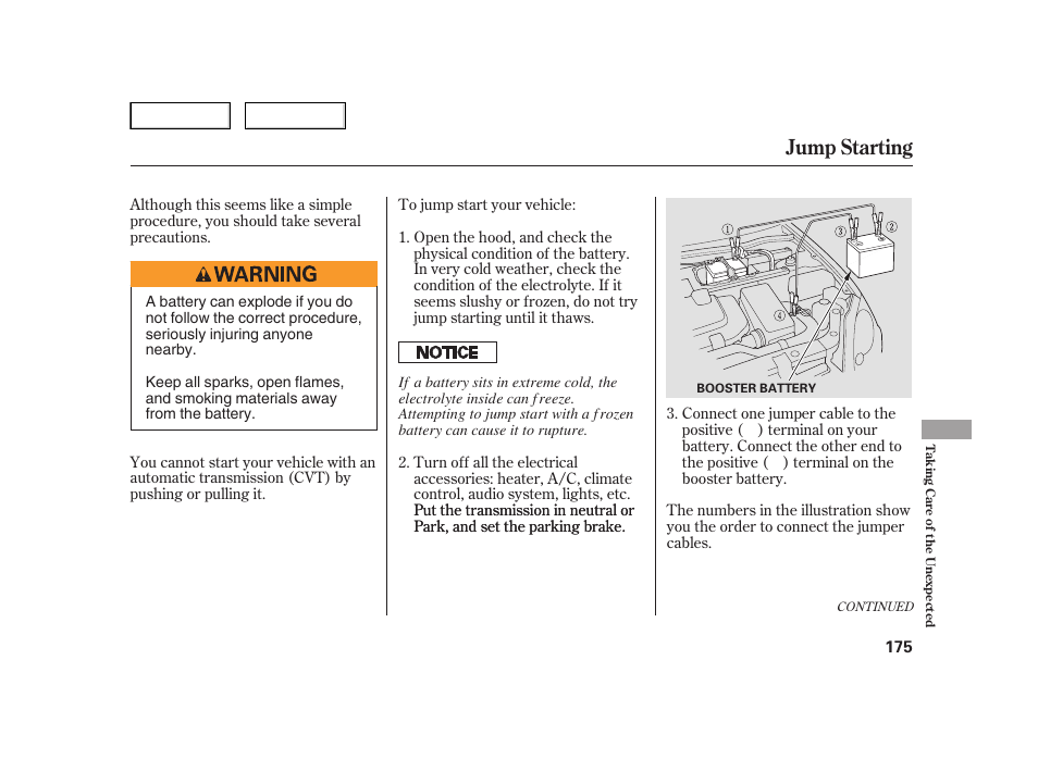 Jump starting | HONDA 2006 Insight  - Owner's Manual User Manual | Page 176 / 218