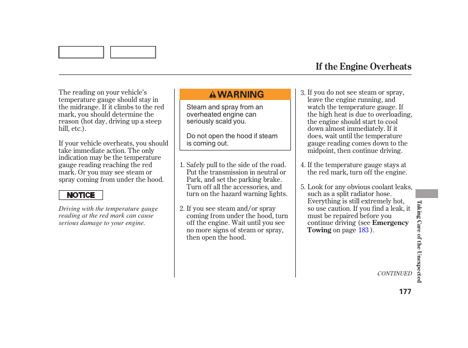 If the engine overheats | HONDA 2006 Insight  - Owner's Manual User Manual | Page 178 / 218