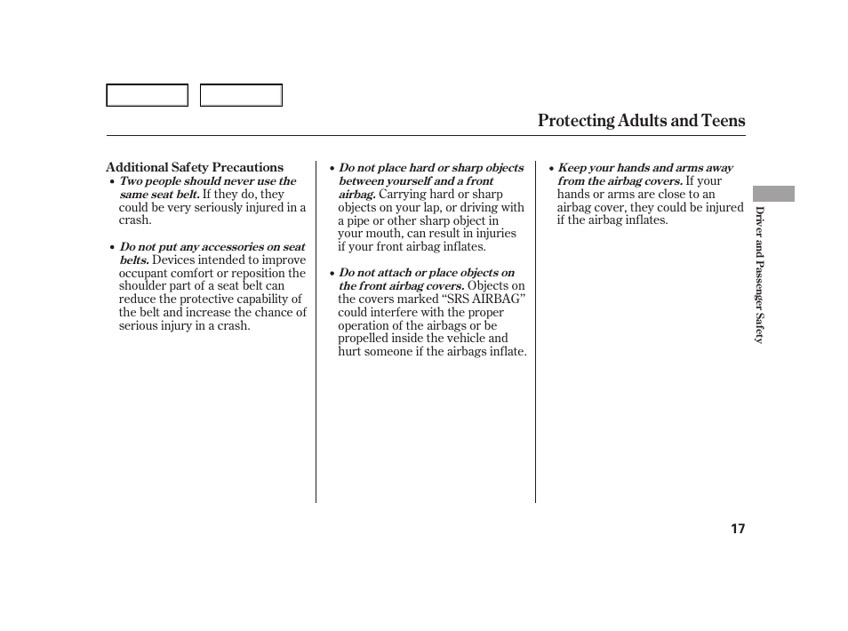 Protecting adults and teens | HONDA 2006 Insight  - Owner's Manual User Manual | Page 18 / 218