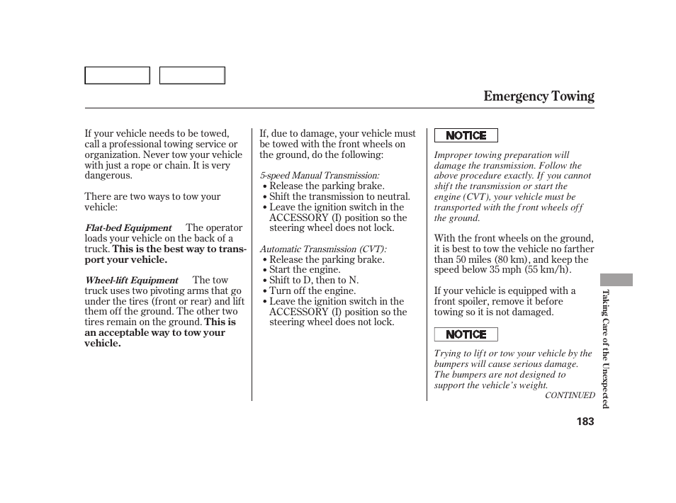 Emergency towing | HONDA 2006 Insight  - Owner's Manual User Manual | Page 184 / 218