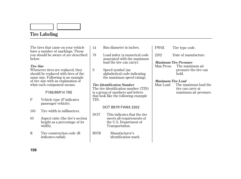 Tire labeling | HONDA 2006 Insight  - Owner's Manual User Manual | Page 199 / 218