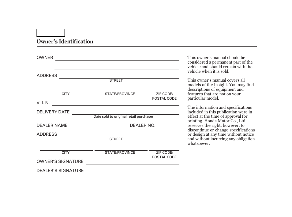 Owner's identification form, Owner’s identification | HONDA 2006 Insight  - Owner's Manual User Manual | Page 2 / 218