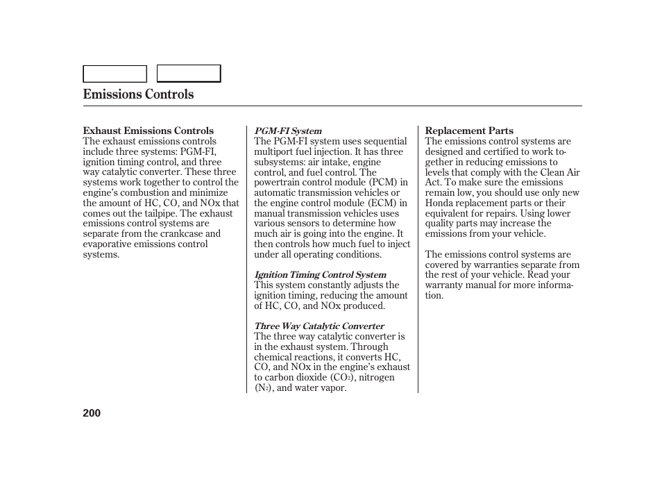 Emissions controls | HONDA 2006 Insight  - Owner's Manual User Manual | Page 201 / 218