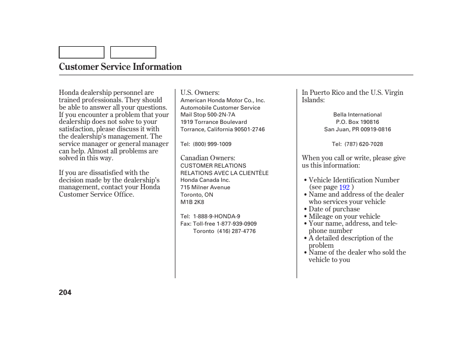 Customer service information | HONDA 2006 Insight  - Owner's Manual User Manual | Page 205 / 218