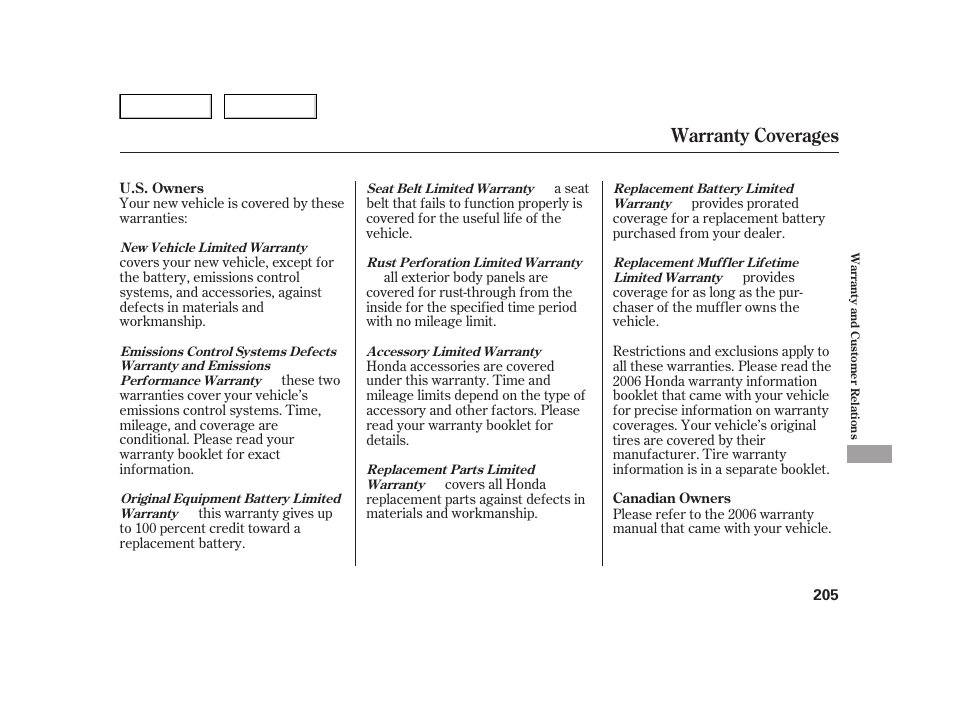 Warranty coverages | HONDA 2006 Insight  - Owner's Manual User Manual | Page 206 / 218