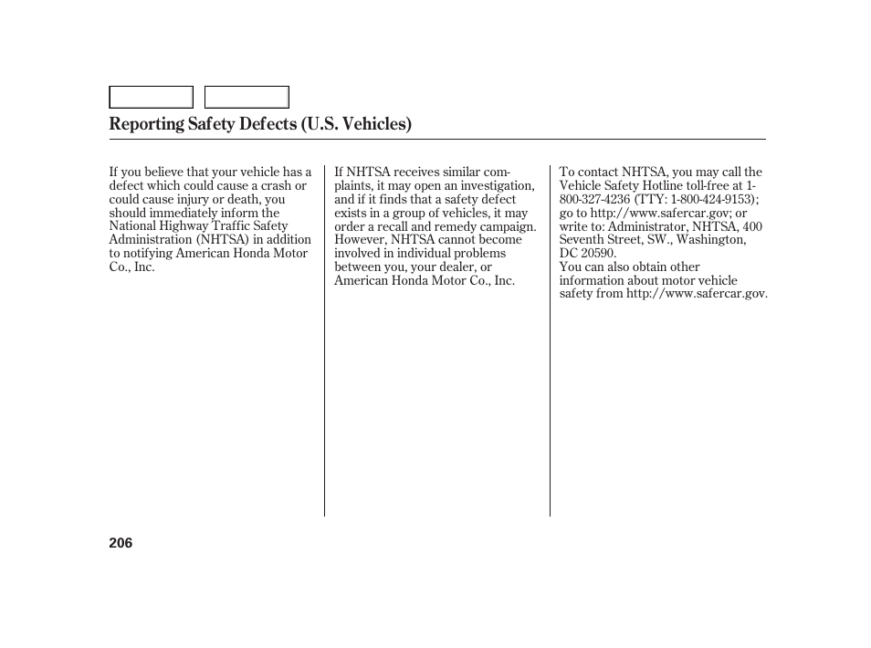 Reporting safety defects (u.s. vehicles) | HONDA 2006 Insight  - Owner's Manual User Manual | Page 207 / 218