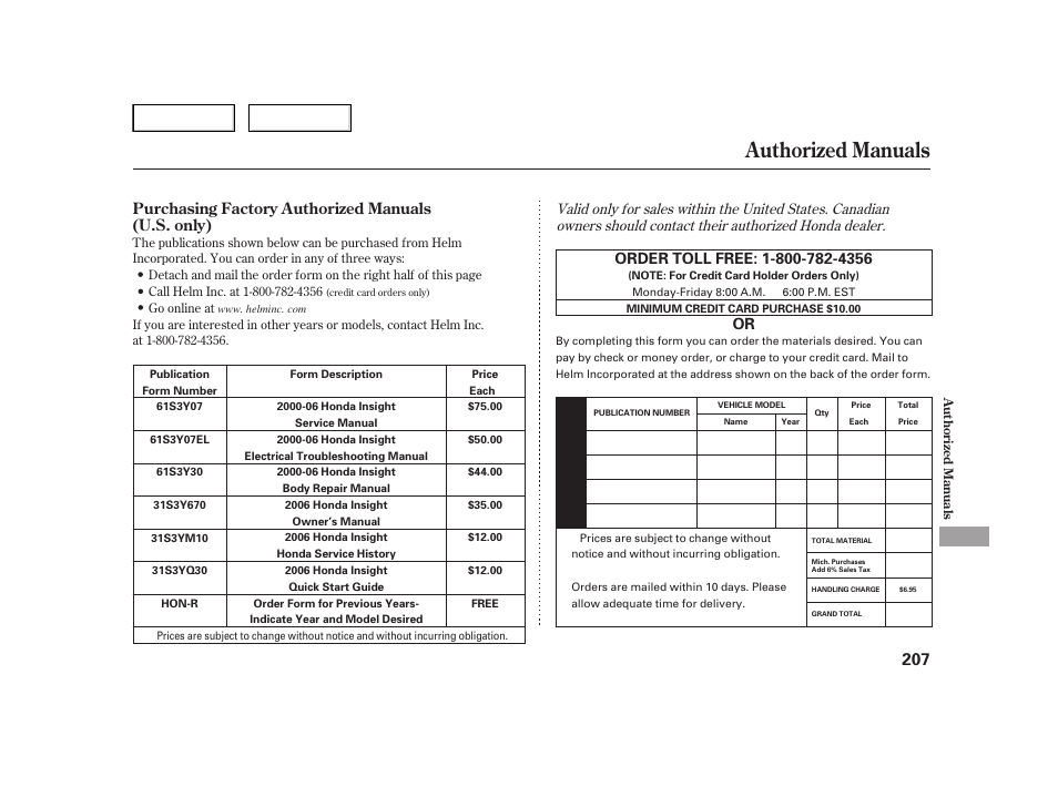 Authorized manuals, Purchasing factory authorized manuals (u.s. only) | HONDA 2006 Insight  - Owner's Manual User Manual | Page 208 / 218