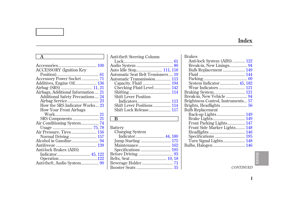 Index | HONDA 2006 Insight  - Owner's Manual User Manual | Page 210 / 218