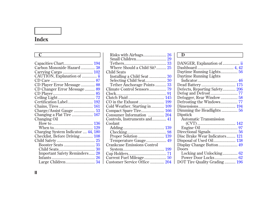 Index | HONDA 2006 Insight  - Owner's Manual User Manual | Page 211 / 218