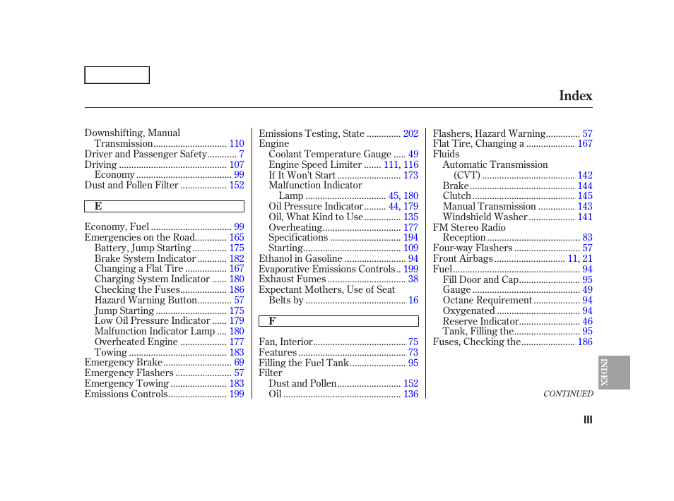 Index | HONDA 2006 Insight  - Owner's Manual User Manual | Page 212 / 218