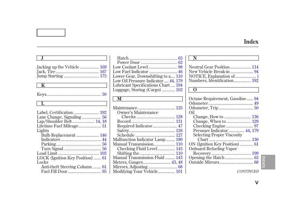 Index | HONDA 2006 Insight  - Owner's Manual User Manual | Page 214 / 218