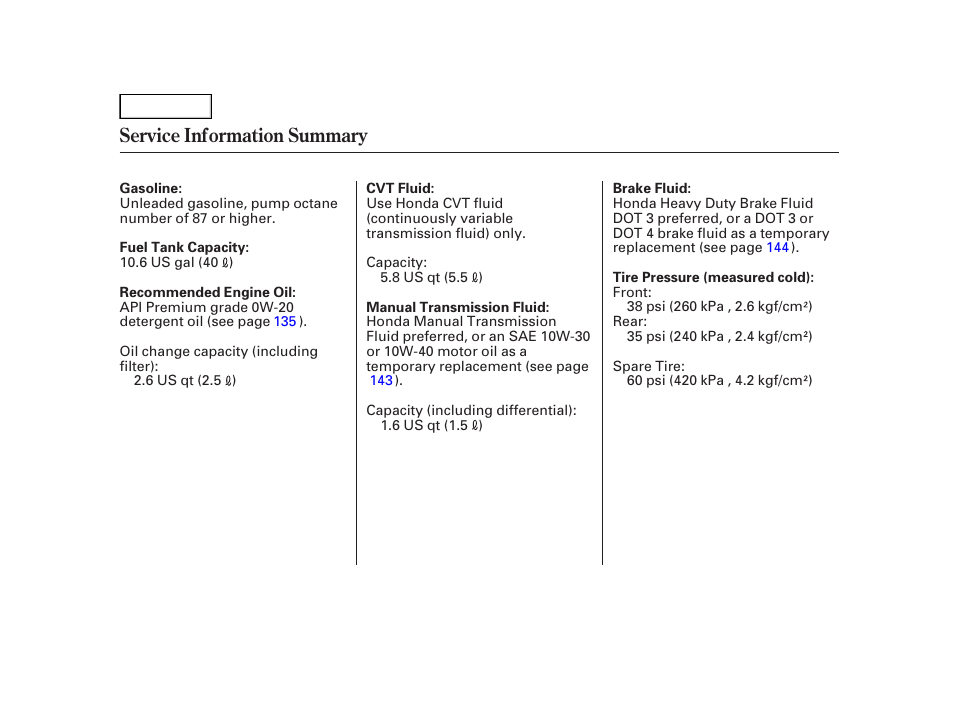 Service information summary | HONDA 2006 Insight  - Owner's Manual User Manual | Page 218 / 218