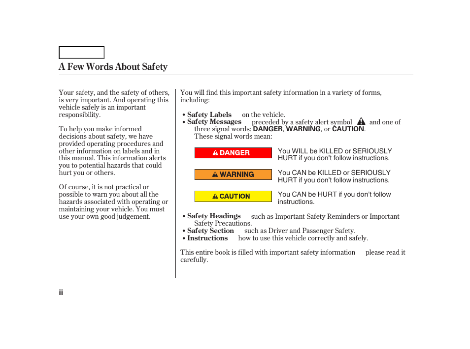 A few words about safety | HONDA 2006 Insight  - Owner's Manual User Manual | Page 4 / 218