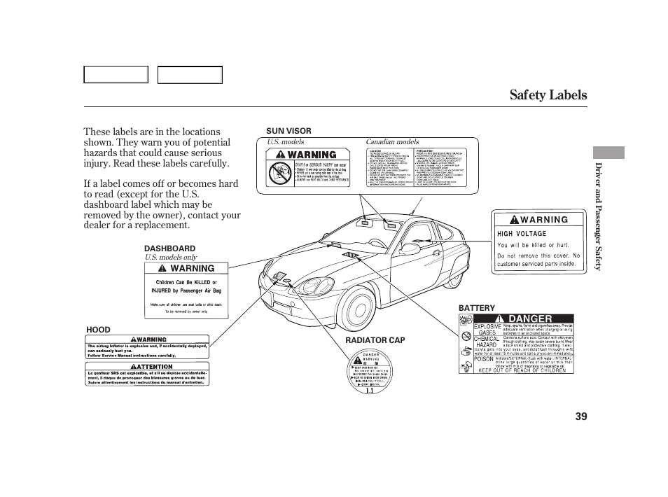 Safety labels | HONDA 2006 Insight  - Owner's Manual User Manual | Page 40 / 218