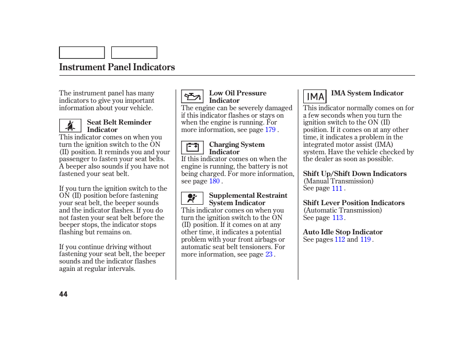 Instrument panel indicators | HONDA 2006 Insight  - Owner's Manual User Manual | Page 45 / 218