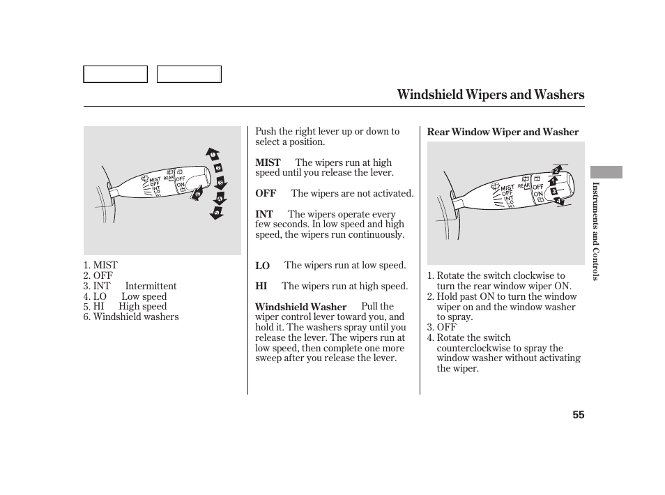 Windshield wipers and washers | HONDA 2006 Insight  - Owner's Manual User Manual | Page 56 / 218