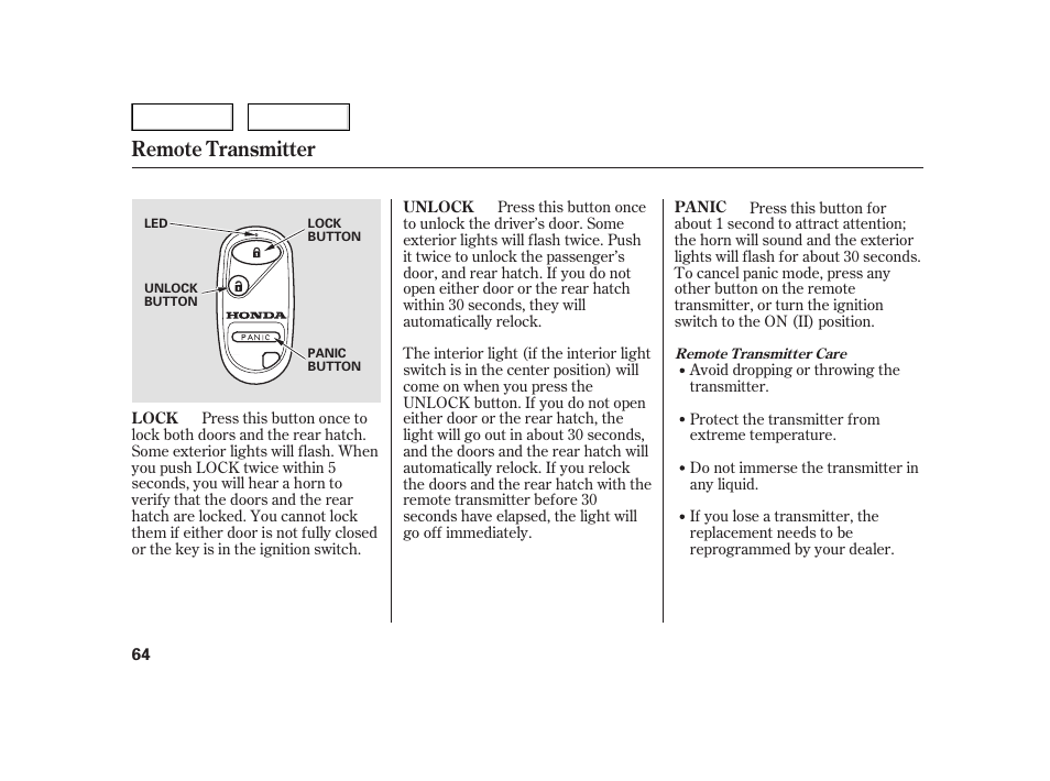 Remote transmitter | HONDA 2006 Insight  - Owner's Manual User Manual | Page 65 / 218