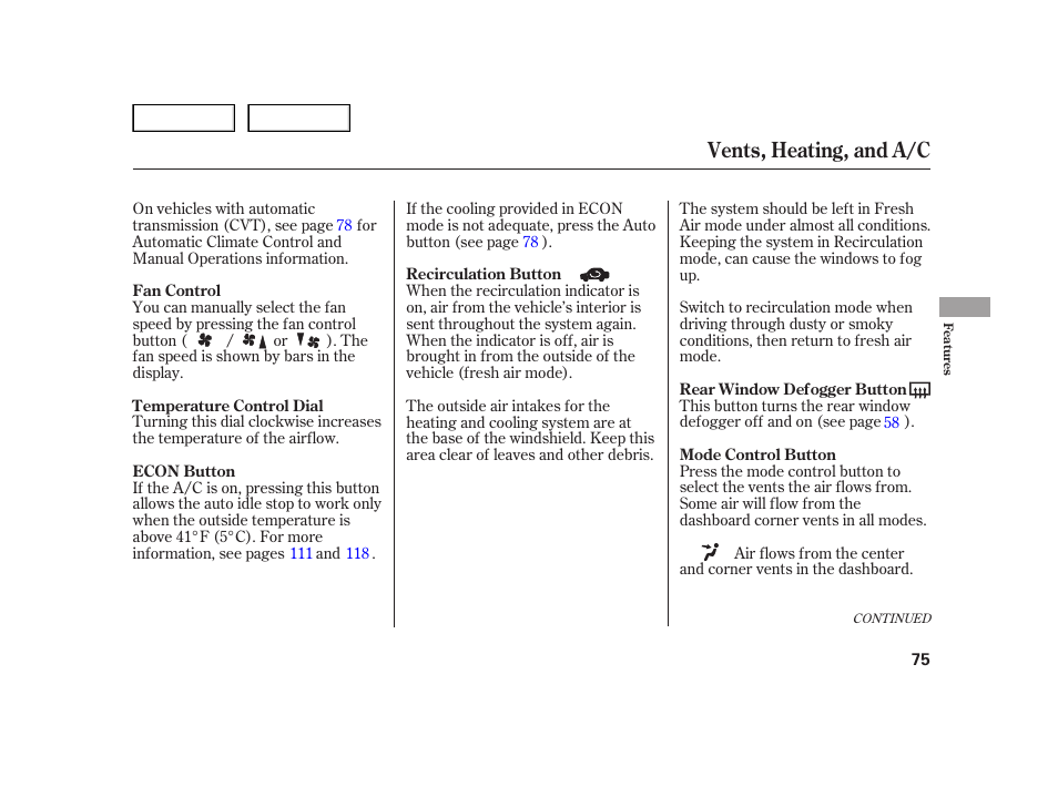 Vents, heating, and a/c | HONDA 2006 Insight  - Owner's Manual User Manual | Page 76 / 218